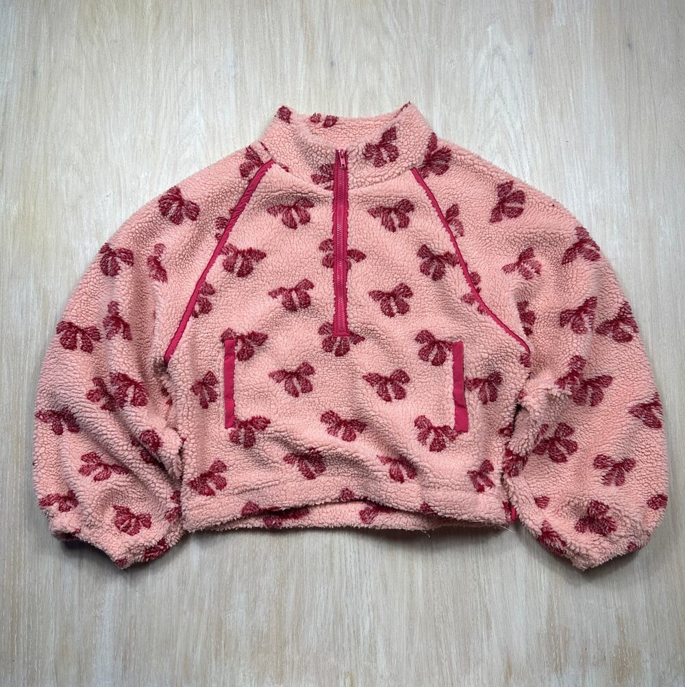 New In Pink Bow Sherpa Half Zip Pullover Coquette Girly Balletcore Fleece Large